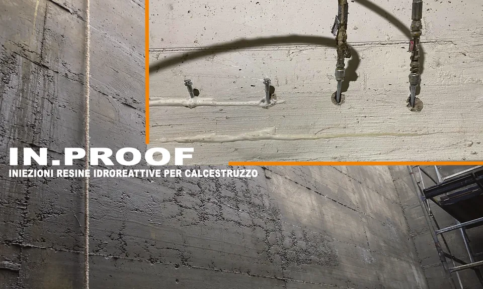 Tavola IN.PROOF con iniezioni di resine idroreattive su una parete in calcestruzzo