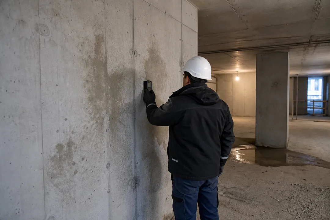 Tecnico durante il controllo dell'umidità di una parete in calcestruzzo
